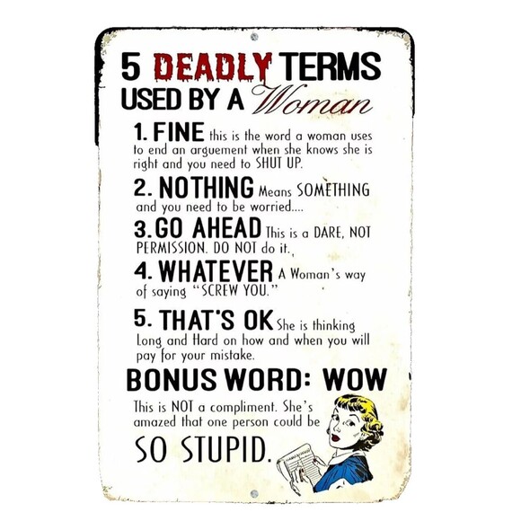 Deadly Terms Used By A Woman Tin Metal Sign Man Cave Garage Humor Decor 12"x15" - Picture 1 of 4